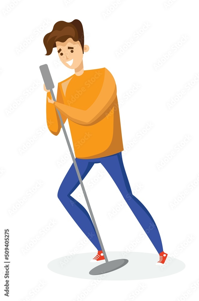 Boy sings a song in a microphone on a white background. Children's musical performance. Vector illustration in cartoon style Boy sings a song in a microphone on a white background. Children's musical performance. Vector illustration in cartoon style