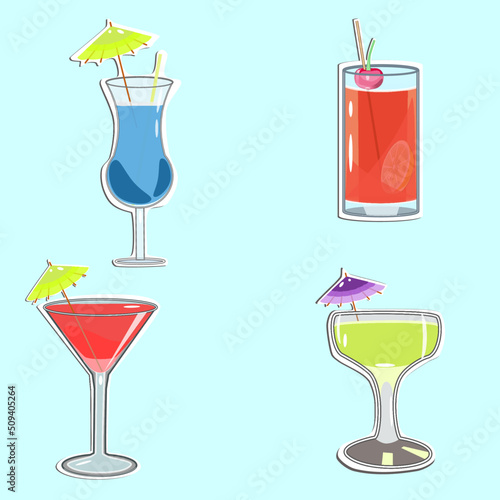 Set of cocktails in flat technique on a blue background vector illustration 