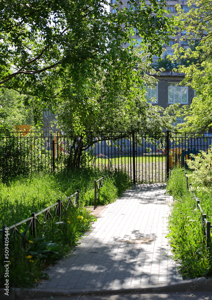 The sun-drenched park path leading to the gate in the fence