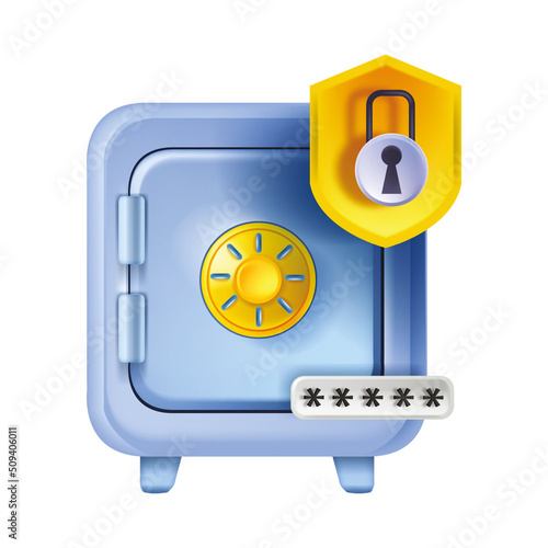 3D safe money box, cartoon security deposit locker, isolated vector bank closed vault metal door. Protected storage on white, saving finance strongbox concept. 3D safe front view locked password dial
