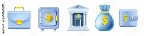 3D bank icon set, vector business finance money illustration, payment wallet, locked safe, money sack. Investment economy fintech clipart kit, government building, briefcase. Bank icon blue collection