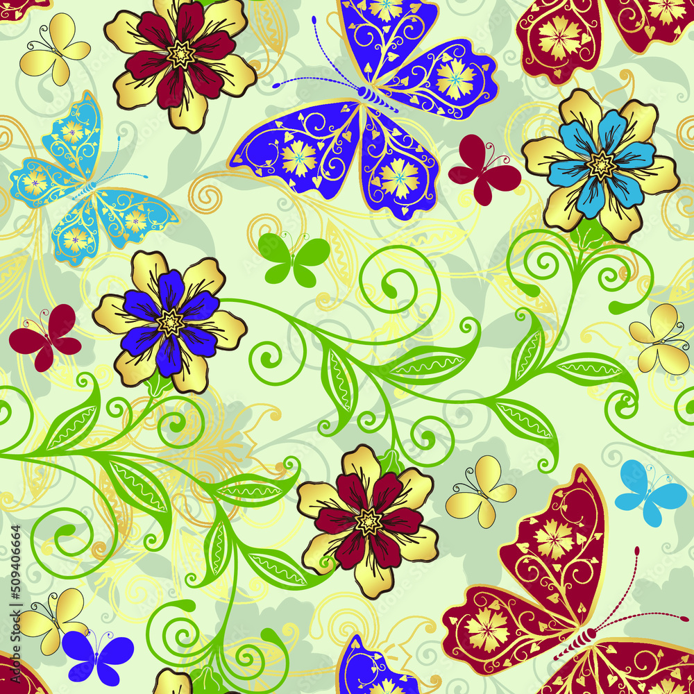 Seamless spring pattern with colorful butterflies and golden flowers on a white background. Vector eps 10