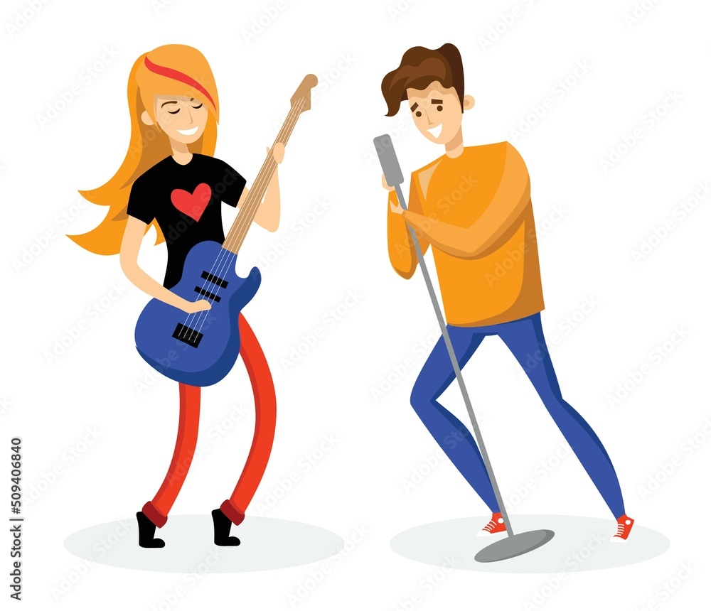 Vector background in a flat style of group of singing, playing guitar, drums, piano, saxophone and other music instrument people Vector background in a flat style of group of singing, playing guitar, drums, piano, saxophone and other music instrument people