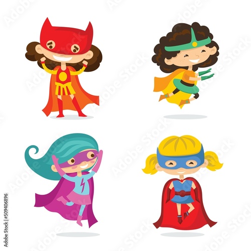 Cartoon vector illustration of Kid Superheroes wearing comics costumes