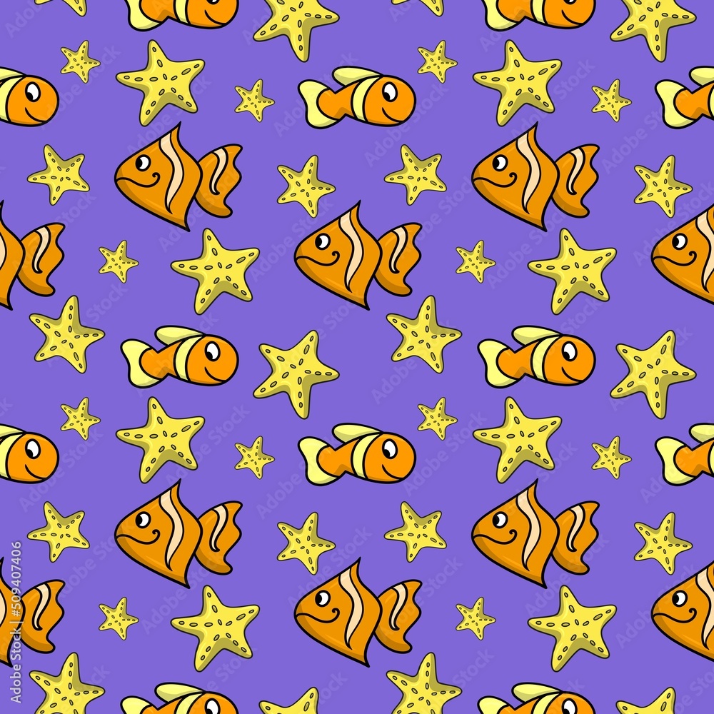 Seamless square pattern , cute bright tropical fish and yellow starfish