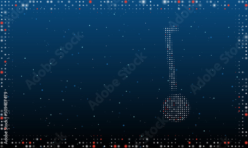 On the right is the gyroscooter symbol filled with white dots. Pointillism style. Abstract futuristic frame of dots and circles. Some dots is red. Vector illustration on blue background with stars