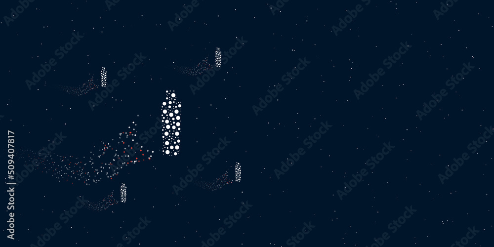 A shampoo symbol filled with dots flies through the stars leaving a trail behind. Four small symbols around. Empty space for text on the right. Vector illustration on dark blue background with stars