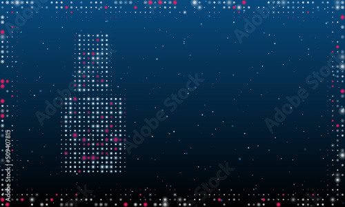 On the left is the nail polish symbol filled with white dots. Pointillism style. Abstract futuristic frame of dots and circles. Some dots is pink. Vector illustration on blue background with stars