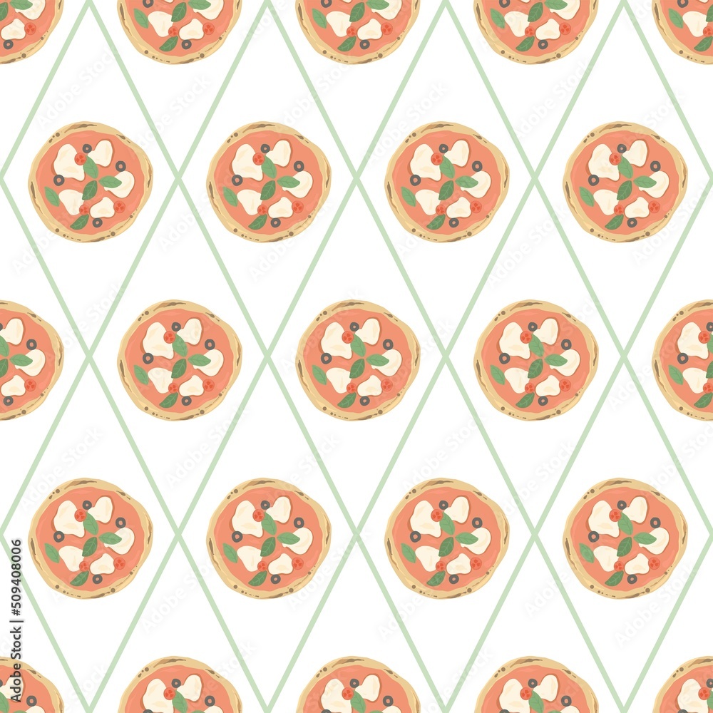 Pizza pattern. Traditional italian pizza from the oven on a pattern for napkins, textile, menu. Pizza pattern. Traditional italian pizza from the oven on a pattern for napkins, textile, menu.