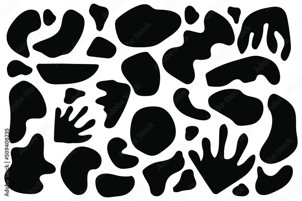 Set of abstract organic shapes. Organic black blobs of irregular shape. Optical art figures. Random objects. 