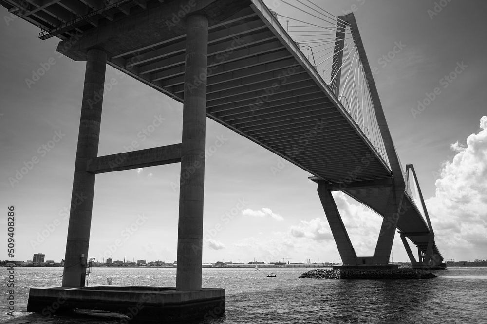 Black and white view of the Arthur Ravenel Bridge from the Mount