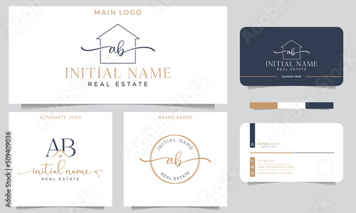 AB Initial handwriting Real estate signature logo with business card design vector template. 