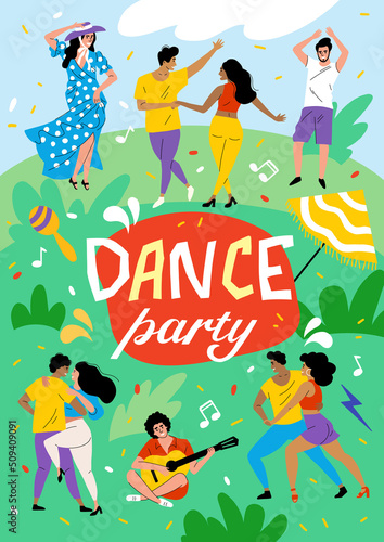 Funny people dance in nature. Dance festival in the park. The dancers move rhythmically, the guitarist sings a song. Summer dance party. Poster for Latin dances