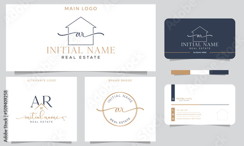 AR Initial handwriting Real estate signature logo with business card design vector template. 