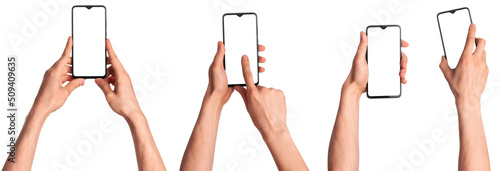 Fotografering A man holds in his hands a blank black smartphone screen with a modern frameless design