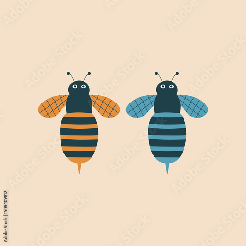 Adorable honey bees hand drawn vector illustration. Isolated funny colorful wasp in flat style for kids logo or icon.