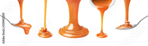 set drip of caramel on white background photo
