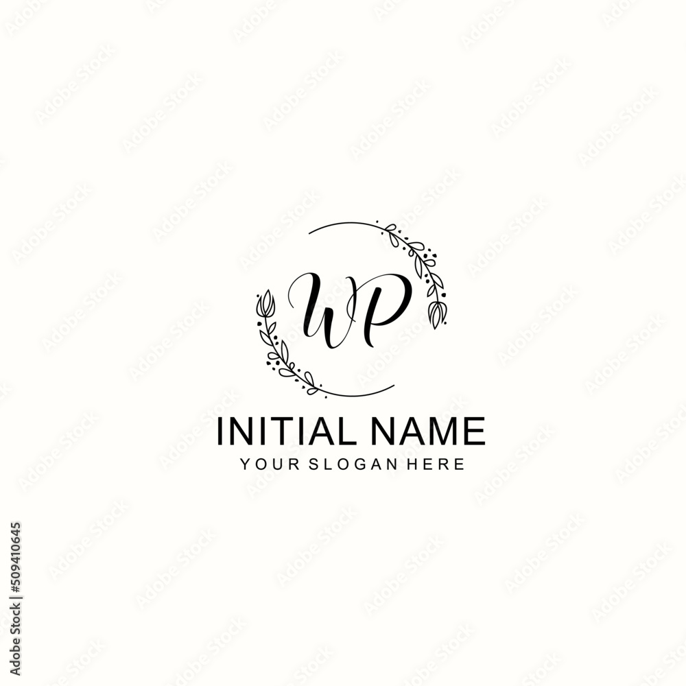 Initial letter WP handwriting with floral frame template Initial letter WP handwriting with floral frame template