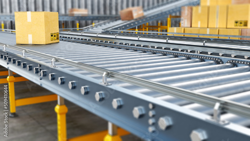 Metallic conveyors with boxes are stretching far away, stack of boxes is near, 3d illustration