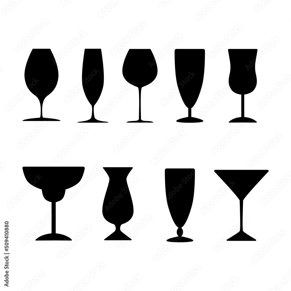 A set of glasses for alcohol. Black silhouette A set of glasses for alcohol. Black silhouette