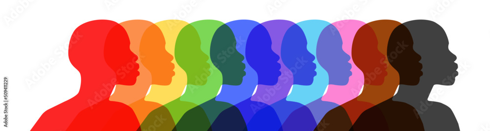 Diversity illustration. Group of multiethnic, multicultural diverse people. Colorful abstract silhouettes of multi-sexuality person, gender faces. Rainbow June Pride Parade banner. Empowerment.