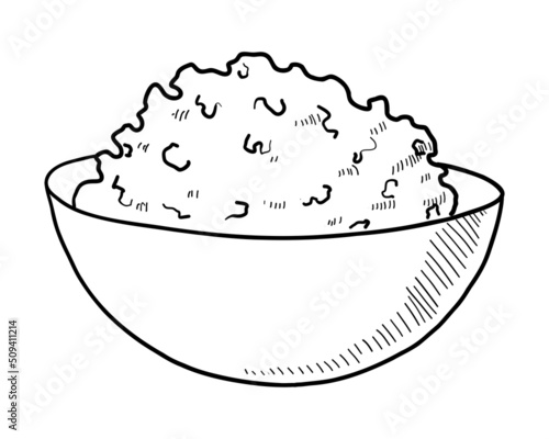 VECTOR CONTOUR DRAWING OF A DEEP PLATE WITH COTTAGE CHEESE OR PORRIDGE ON A WHITE BACKGROUND