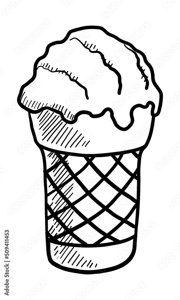 VECTOR CONTOUR DRAWING OF ICE CREAM WITH A WAFFLE CUP ON A WHITE BACKGROUND VECTOR CONTOUR DRAWING OF ICE CREAM WITH A WAFFLE CUP ON A WHITE BACKGROUND