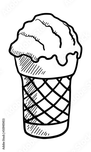 VECTOR CONTOUR DRAWING OF ICE CREAM WITH A WAFFLE CUP ON A WHITE BACKGROUND