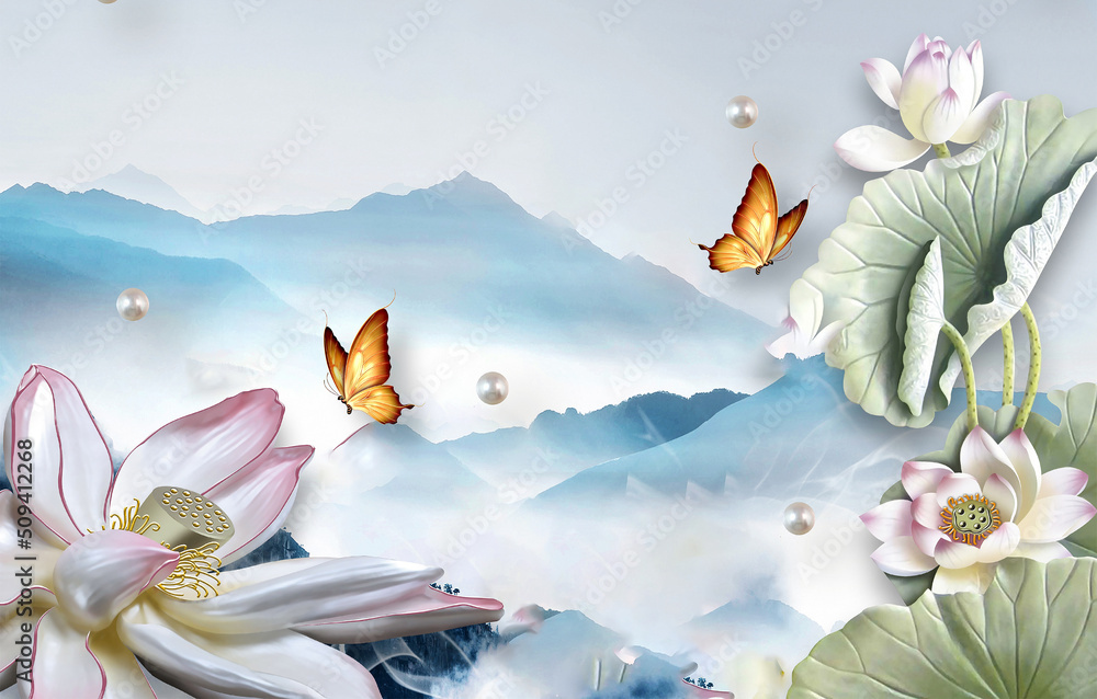 3D wallpaper lotus flower with butterfly nature mountain background Stock  Illustration | Adobe Stock