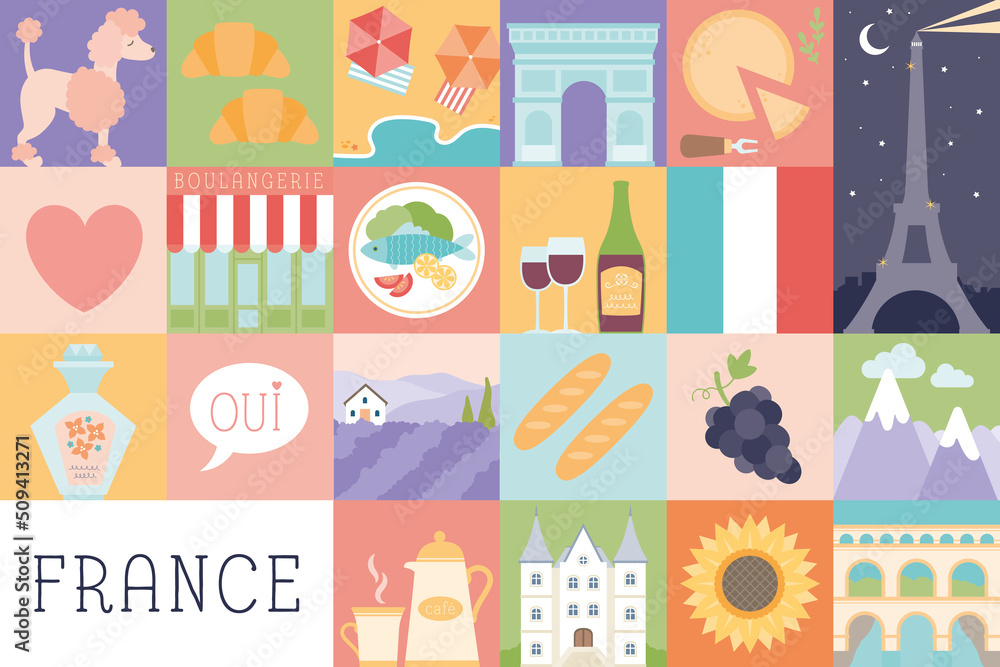 Travel and Tourism Concept France, South of France, Paris, Landmarks, Food, Drink, Architecture,  Flat Icon set Design 