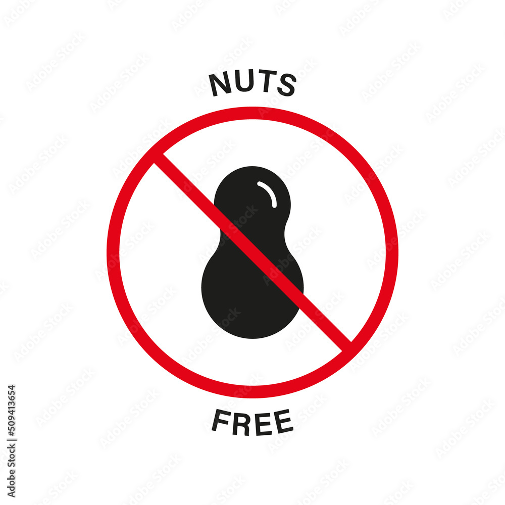 Nut Free Silhouette Black Icon. Nuts Product Red Stop Sign. Peanuts