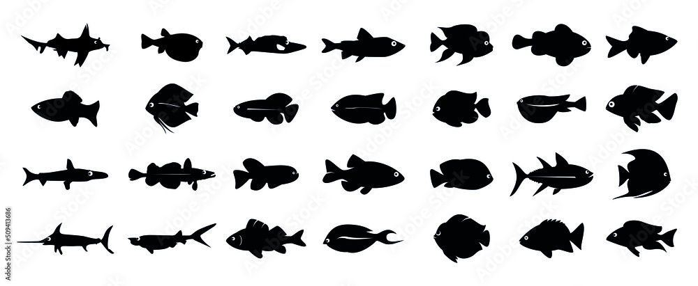 Black vector set of Fish icon. Outline EPS illustration.