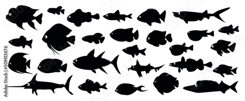 Black vector set of Fish icon. Outline EPS illustration.