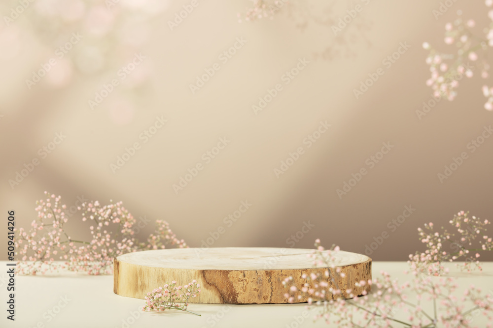 Wood slice podium and pink flowers. Concept scene stage showcase for new product, promotion sale, banner, presentation, cosmetic - obrazy, fototapety, plakaty 