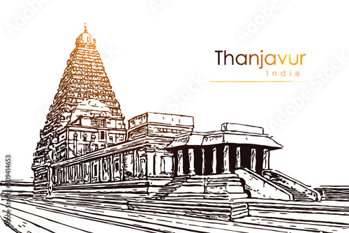 The Great Living Chola Temples is a UNESCO World Heritage Site designation for a group of Chola dynasty era Hindu temples in the Indian state of Tamil Nadu. Hand drawn sketch illustration in vector. photo