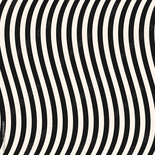 Simple black and white curved wavy lines pattern. Vector seamless texture with waves, vertical stripes. Modern abstract monochrome background, optical illusion effect. Repeat design for decor, print