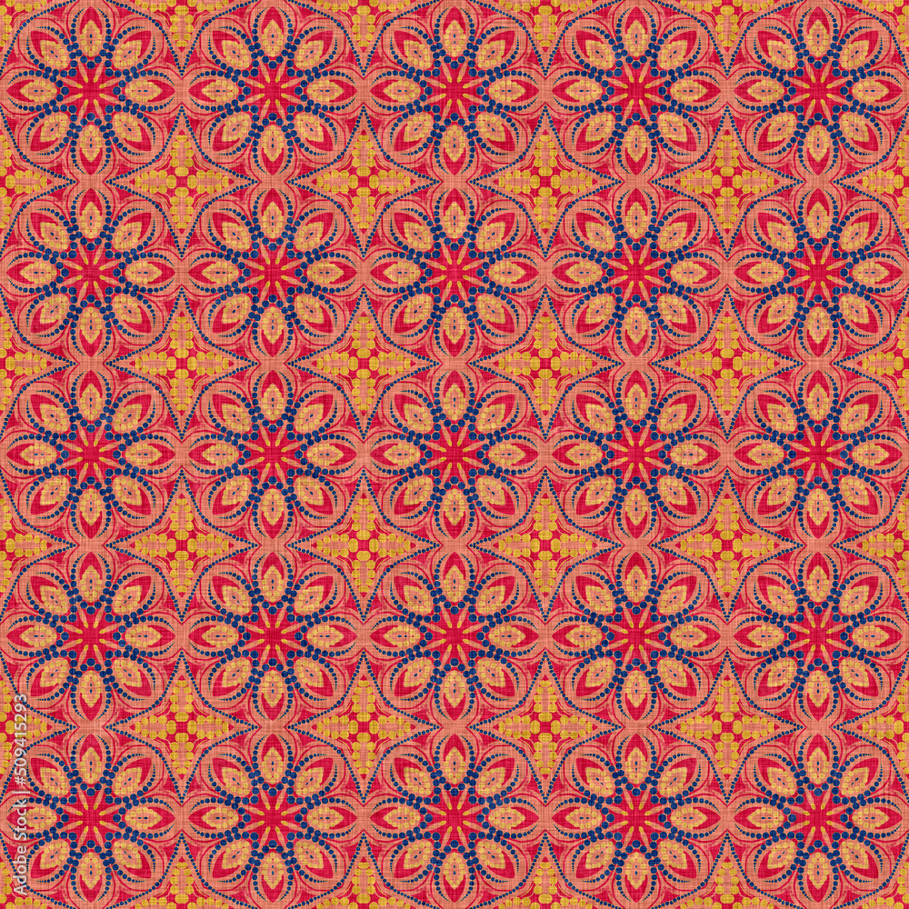 Indian boho summer bandana seamless symmetrical pattern. Versatile masculine red blue scarf print in kaleidoscopic floral ornamental style. Indian boho summer bandana seamless symmetrical pattern. Versatile masculine red blue scarf print in kaleidoscopic floral ornamental style.