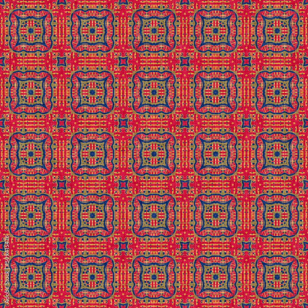 Indian boho summer bandana seamless symmetrical pattern. Versatile masculine red blue scarf print in kaleidoscopic floral ornamental style. Indian boho summer bandana seamless symmetrical pattern. Versatile masculine red blue scarf print in kaleidoscopic floral ornamental style.