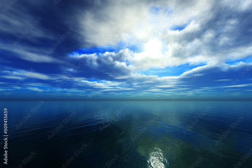 Stormy sky over the ocean surface, storm clouds on the sea, 3d rendering