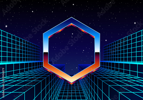 Synthwave frame with chrome hexagon and 80s styled synthwave arcade game landscape.