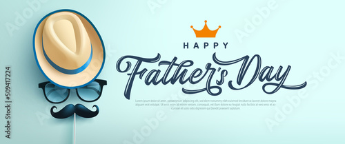 Stampa su tela Father's Day poster or banner template with symbol of Dad from hat,glasses and mustache
