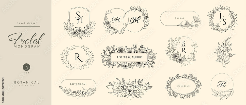 Set of wedding monogram, botanical floral branch and frames. Botanical vintage foliage for wedding invitation, wall art or card template. Minimal line art drawing. Vector
