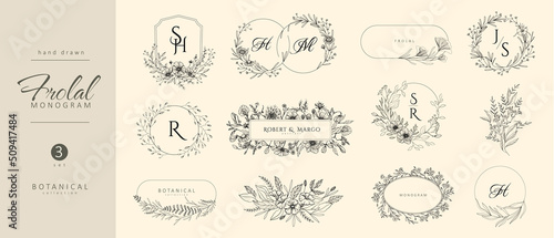Leinwand Poster Set of wedding monogram, botanical floral branch and frames