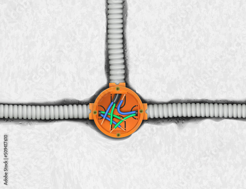 Mounting box with wires in the wall. Vector illustration