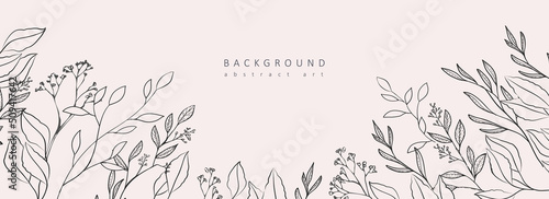 Set of botanical bakground, floral branch and leaves. Vintage foliage for wedding invitation, wall art or card template. Minimal line art drawing. Vector
