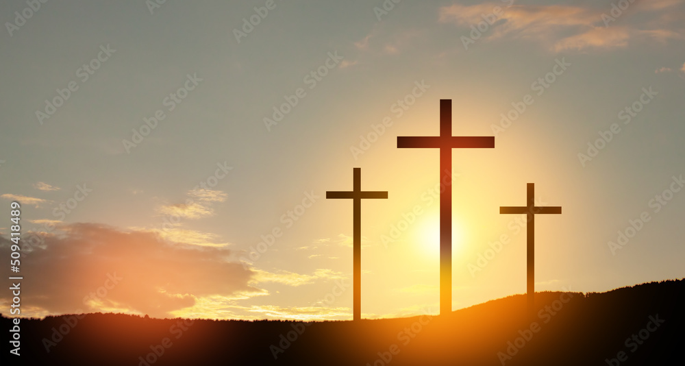 Christian cross on hill outdoors at sunrise. Resurrection of Jesus. Concept photo. Christian cross on hill outdoors at sunrise. Resurrection of Jesus. Concept photo.