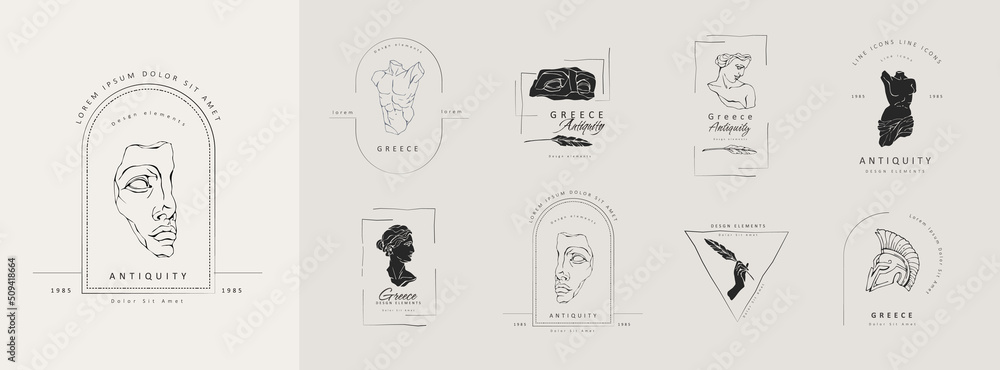 Vector set of logo with antique sculptures. Vector illustration with classical Sculpture for card poster T-Shirt or printing. Contemporary hand drawn mythical collection in line design style. Vector Vector set of logo with antique sculptures. Vector illustration with classical Sculpture for card poster T-Shirt or printing. Contemporary hand drawn mythical collection in line design style. Vector