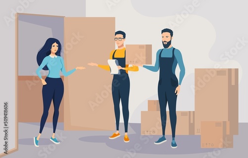 The loaders pass the boxes to the girl. The courier checks the list. Home delivery.
