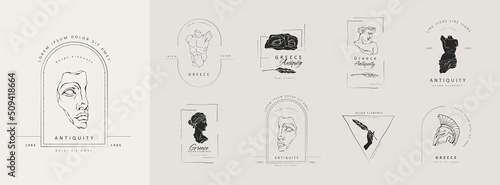Vector set of logo with antique sculptures. Vector illustration with classical Sculpture for card poster T-Shirt or printing. Contemporary hand drawn mythical collection in line design style. Vector