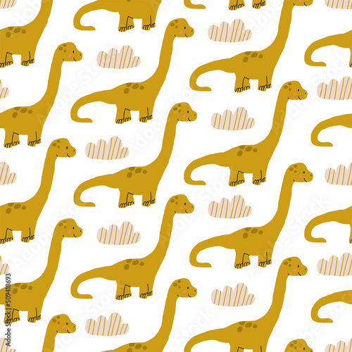 childish dinosaur seamless pattern for fashion clothes, fabric, t shirts. hand drawn vector with lettering. brontosaurus dino pattern